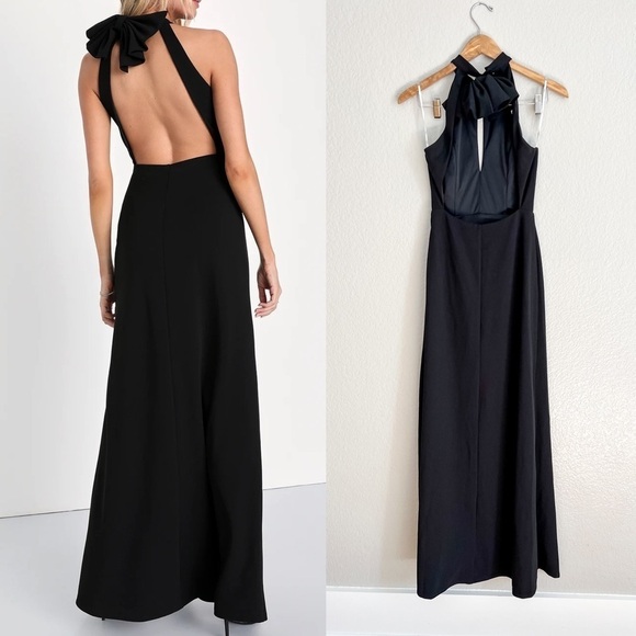 NWOT Striking Elegance Black Bow Backless Halter Maxi Dress - Picture 3 of 7